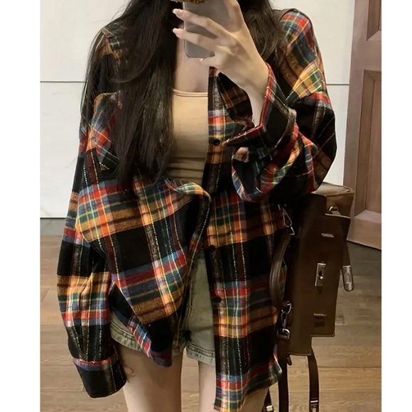 Plaid Print Button Down Loose Fit Boyfriend Shirt - Picture 2 of 3